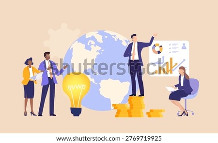 Business People with Big Light Bulb Idea, symbolizing innovation, creative thinking, brainstorming, teamwork, and the development of new business ideas in a modern corporate environment.
