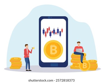 business people with big smartphone and bitcoin cryptocurrency money and using laptop for online funding and making investments for bitcoin. Digital Money. Cryptocurrency Investment Concept.