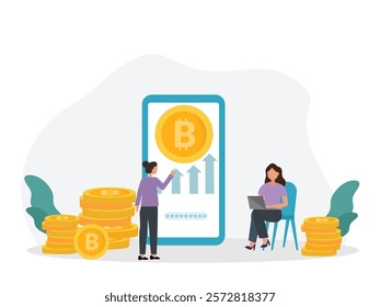 business people with big smartphone and bitcoin cryptocurrency money and using laptop for online funding and making investments for bitcoin. Digital Money. Cryptocurrency Investment Concept.