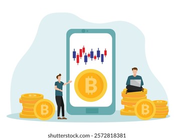 business people with big smartphone and bitcoin cryptocurrency money and using laptop for online funding and making investments for bitcoin. Digital Money. Cryptocurrency Investment Concept.