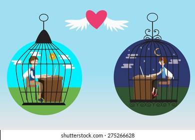 Business people in the bird cage fall in love
