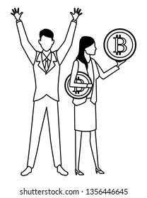 Business people with bitcoins in black and white