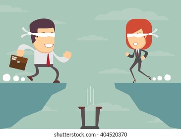 Business people blindly go and trust the leader, while falling into the abyss, vector illustration