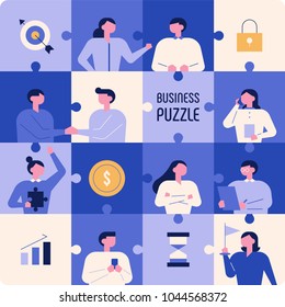 Business People In A Blue Puzzle Collage. Vector Illustration Flat Design