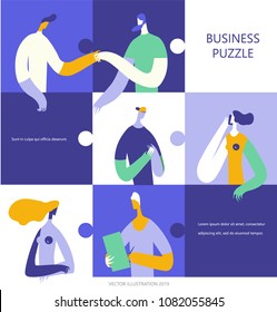 Business people in a blue puzzle collage. Vector illustration flat design. Use in Web Project and Applications.
