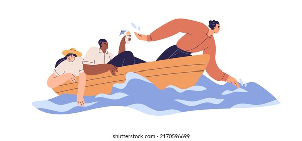 Business People In Boat. Unfair Work Distribution, Exploitation Concept. Bad Inefficient Team With Man Employee Working Hard And Lazy Colleagues. Flat Vector Illustration Isolated On White Background