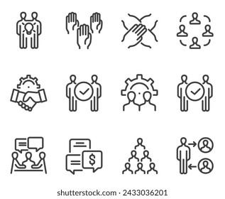 Business people boss employee team working together. Business success teamwork concept. Flat lined thin isolated icon set