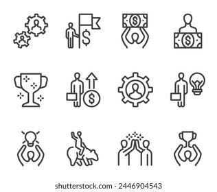 Business people boss employee team working together. Business success teamwork concept. Flat lined thin isolated icon set	