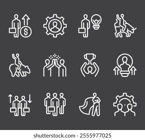 Business people boss employee team working together. Business success teamwork concept. Flat lined thin isolated icon set