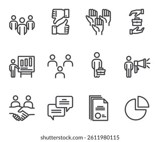 Business people boss employee team working together. Business success teamwork concept. Flat lined thin isolated icon set