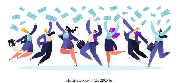 Business people bounce trying to catch money. The concept of achieving success, enrichment, determination. Banknotes fall on people. Business strategy profit concept. Vector flat cartoon illustration