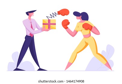 Business People Boxing. Woman Fighting With Man Holding Box With Pop Up Glove On Spring, Manager Characters Business Competition, Challenge, Leadership, Unfair Fight. Cartoon Flat Vector Illustration