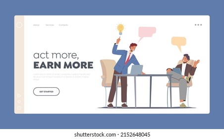 Business People Brainstorm Cooperation Landing Page Template. Businessmen Colleagues Characters with Laptop Sitting at Desk with Light Bulb Thinking Creative Idea. Cartoon Vector Illustration