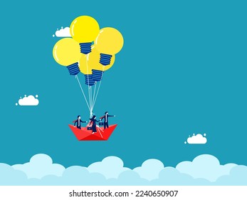 Business people brainstorm to move the organization forward. Paper boat floats with balloons creative light bulbs