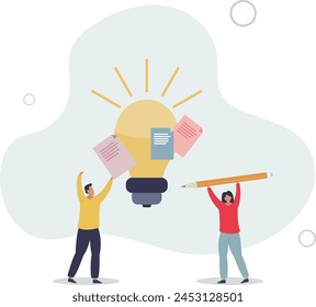 la gente de negocios lluvia de ideas con notas pegajosas combinadas con la idea de la bombilla de luz brillante. Ilustración vectorial plana.