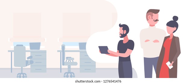 business people brainstorming working together successful teamwork concept male female cartoon characters portrait modern office interior flat horizontal