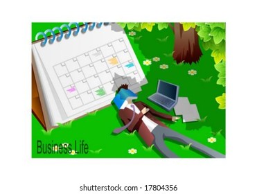 Business People - break time at work on a background of green field : vector illustration