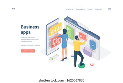 Business people browsing modern apps. Isometric man and woman using business apps on smartphone and computer on contemporary website banner
