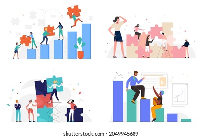 Business people build success collaboration, partnership concept set vector illustration. Cartoon teamwork organization of partners, employee characters holding puzzle jigsaw to work isolated on white