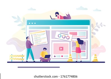 Business people building online service page. Concept of teamwork, website builder and development. Group of workers working together on creating site design. Trendy flat vector illustration