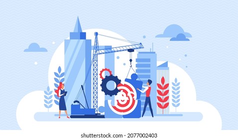 Business people building puzzle with target together vector illustration. Cartoon partner characters using construction crane for work on collaboration challenge. Partnership, goal achievement concept