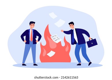 Business people burning paper documents. Tiny man destroying corporate information in flame flat vector illustration. Office security, evidence concept for banner, website design or landing web page