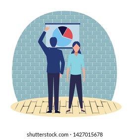 business business people businessman back view pointing a data chart avatar cartoon character indoor with brick wall and a wooden floor vector illustration graphic design