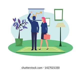 business business people businessman back view pointing a data chart and businesswoman carrying a briefcase avatar cartoon character indoor with carpet, floor lamp, plant pot and frames on the wall