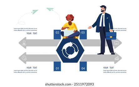 Empresários. Empresário com pasta discutindo questão financeira com mulher afro-americana que trabalha em laptop. Estatísticas, informações, ícone, infográfico, bancos, analytics.Vetor ilustração