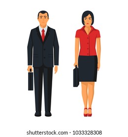 Business people. Businessman and businesswoman in suits with briefcase. Male and female. Vector illustration flat design. Isolated on white background.
