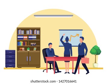 business business people businessman carrying a briefcase, businesswoman back view pointing a data chart and businessman sitting on a desk avatar cartoon character indoor with hanging lamp, bookshelf