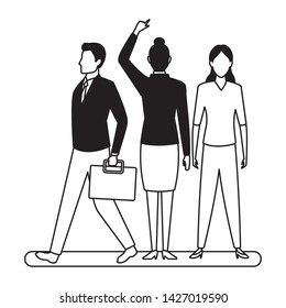 business business people businessman carrying a briefcase and businesswoman back view pointing avatar cartoon character in black and white
