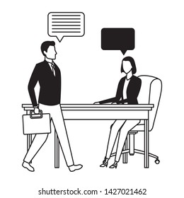 business business people businessman carrying a briefcase and businesswoman sitting on a desk with speech bubbles avatar cartoon character in black and white
