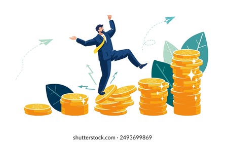 Business, people. Businessman climbing up the columns on a pile of gold dollar money, falls. Coin growth, compound interest, investment growth money, prosperity and profitability. Vector illustration