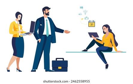 Business people. Businessman and female employees discuss new business idea, contract, annual calendar plan. An image of a group of people on the theme of teamwork. Flat style, vector, illustration