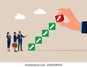 Business people and businessman hand arranging blocks stacking as step stair with arrow up. Vector illustration
