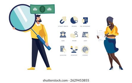 Empresários. Empresário com lupa, mulher trabalhadora secretária afro-americana com documento estudando mercado financeiro, ícone de negócios. Investimento. Design azul, banner. Ilustração vetorial