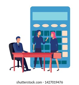 business business people businessman sitting on a desk, businesswoman holding a wand and businesswoman carrying a briefcase in front a big calculator avatar cartoon character vector illustration