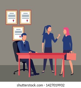 business business people businessman sitting on a desk, businesswoman holding a wand and businesswoman carrying a briefcase avatar cartoon character indoor with certificated frame vector illustration