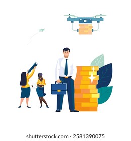 Business, people. Businessman using drone invests money, delivering gold coins in new business project. Women workers research financial market achieving goal, presentation. Vector illustration
