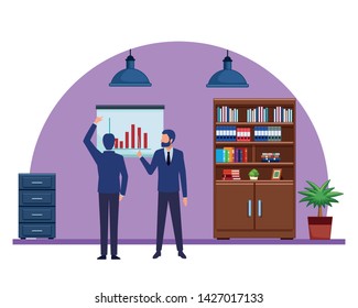 business business people businessman wearing beard and using a wand pointing out a data chart and businessman back view pointing a data chart avatar cartoon character indoor with hanging lamps