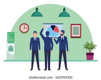 business business people businessman wearing beard and using a wand pointing out a data chart and businessman back view pointing a data chart avatar cartoon character indoor with hanging lamps, water