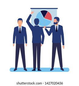 business business people businessman wearing beard and using a wand pointing out a data chart and businessman back view n