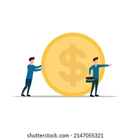 Business people businessmen pulls a big coin. business financial concept. Flat vector illustration in modern flat style.