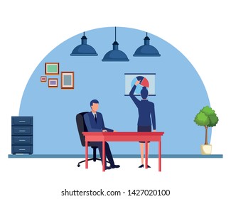 business business people businesswoman back view pointing a data chart and businessman sitting on a desk avatar cartoon character indoor with hanging lamps, file cabinet and plant pot vector