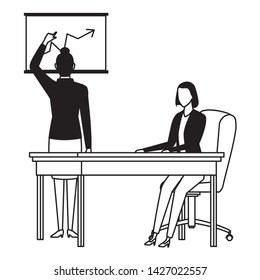 business people:  businesswoman back view pointing a data chart and businesswoman sitting at a desk,   in black and white