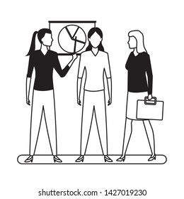 business business people businesswoman holding a wand pointing a data chart and businesswoman carrying a briefcase avatar cartoon character in black and white