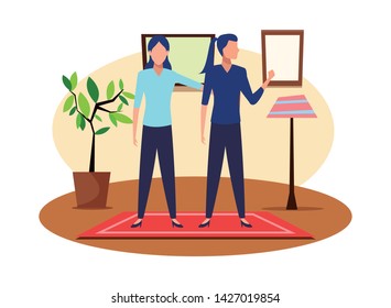 business business people businesswoman holding a wand avatar cartoon character indoor with carpet, floor lamp, plant pot and frames on the wall vector illustration graphic design