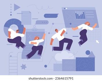 A business people are busy. People are jumping upwards. Graph elements are decorated in the background. flat vector illustration.