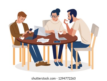 Business People Busy Preparing Team Project Outdoor In Modern Cafe Setting. Colorful Flat Cartoon Style Isolated Vector Illustration.